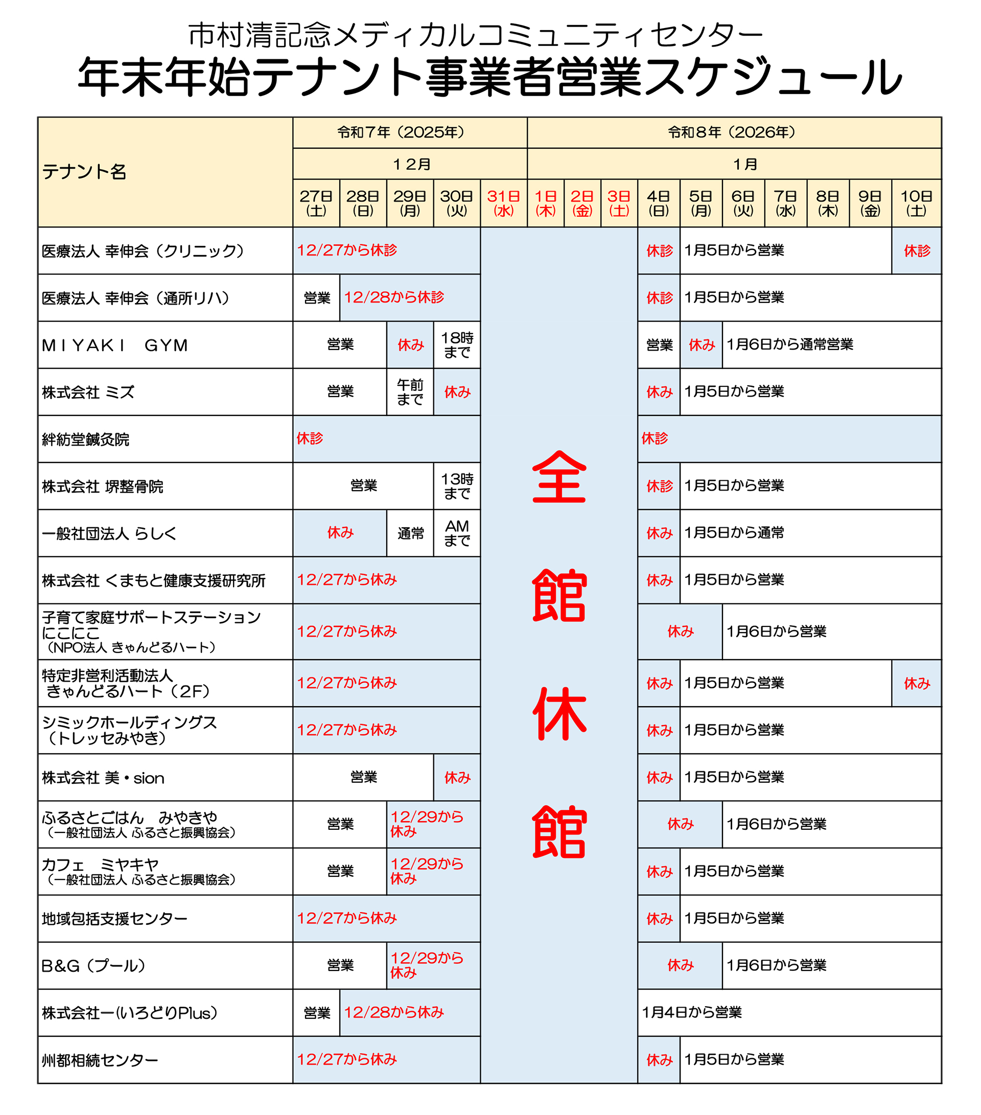 年末年始のテナント営業スケジュール